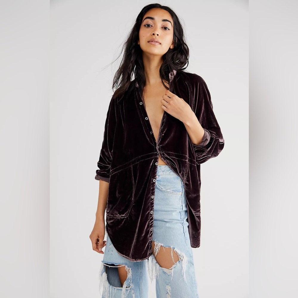Free People Velvet Button-Down Shirt in Deep Brown